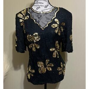 Vintage Stenay Silk Sequin Embellished Womens Blouse Gold Black Sz L Party Retro